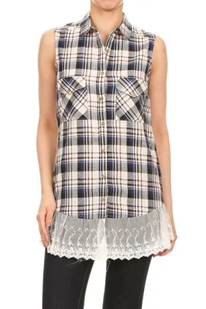 Plaid Front Pocket Laced-Hem Top Navy - Pack of 6