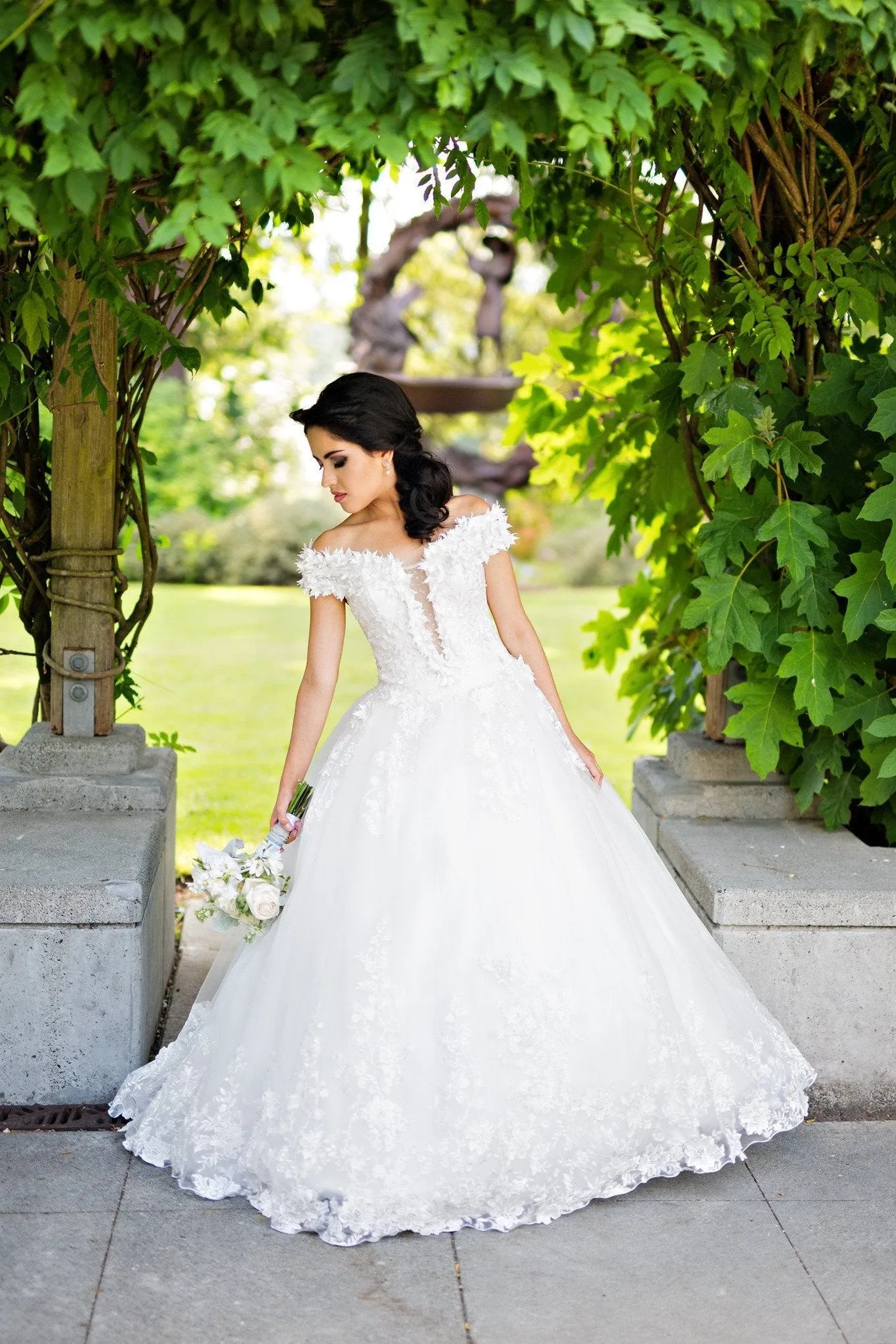 Plunging Neckline White Wedding Gown with Flower Off-the-shoulder