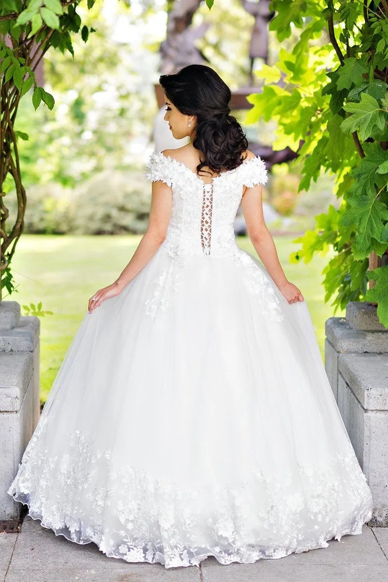 Plunging Neckline White Wedding Gown with Flower Off-the-shoulder