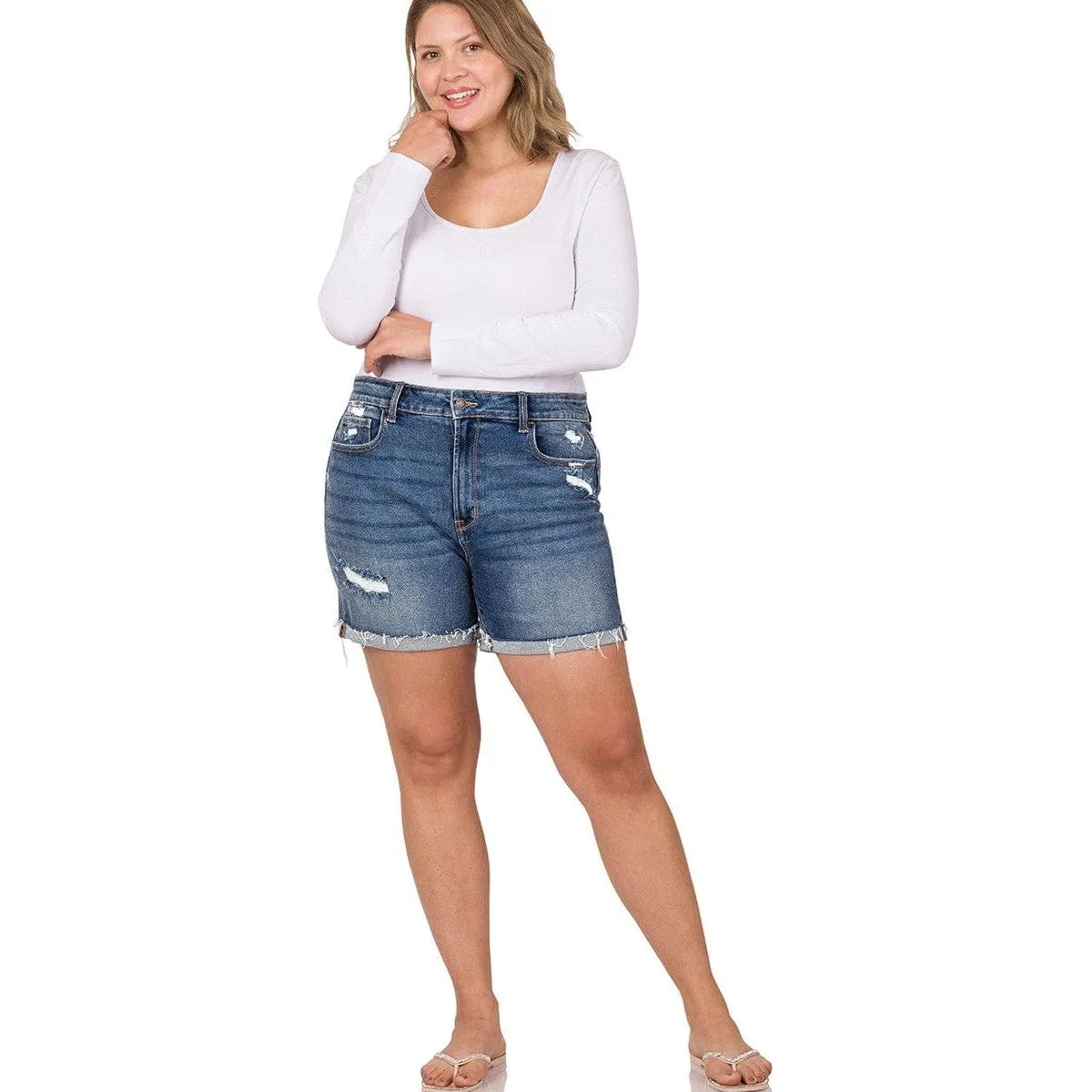 Plus Distressed Cuffed Raw Hem Denim Shorts