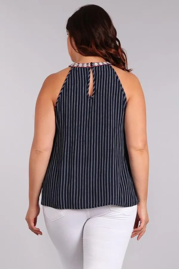 Plus Size Stripe Waist Length Sleeveless Top In A Relaxed Style - Blue