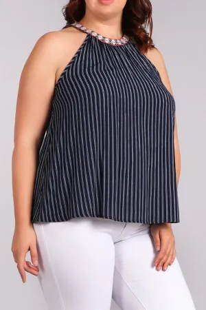 Plus Size Stripe Waist Length Sleeveless Top In A Relaxed Style - Blue