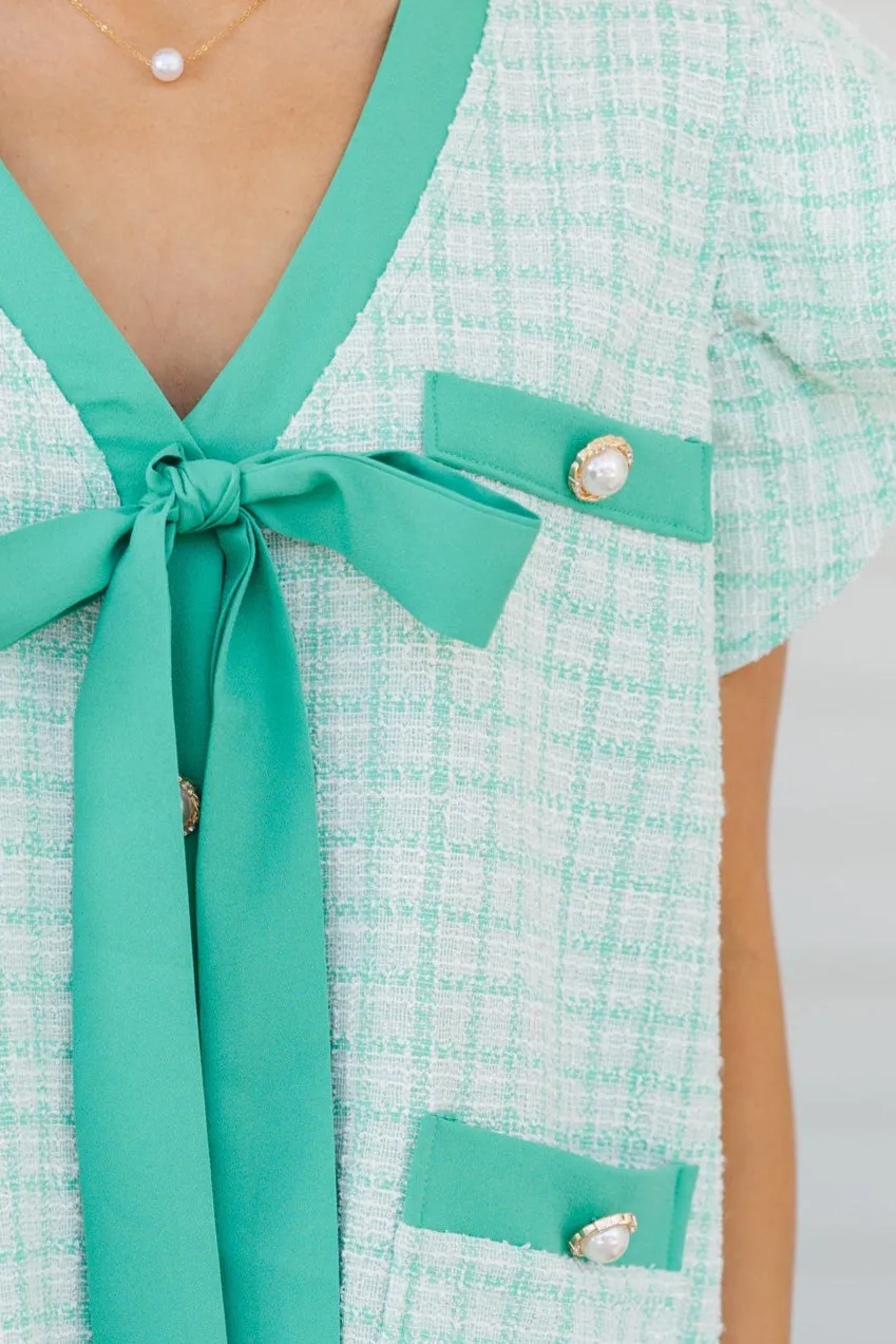 Queen's Calling Light Green Tweed Shift Dress