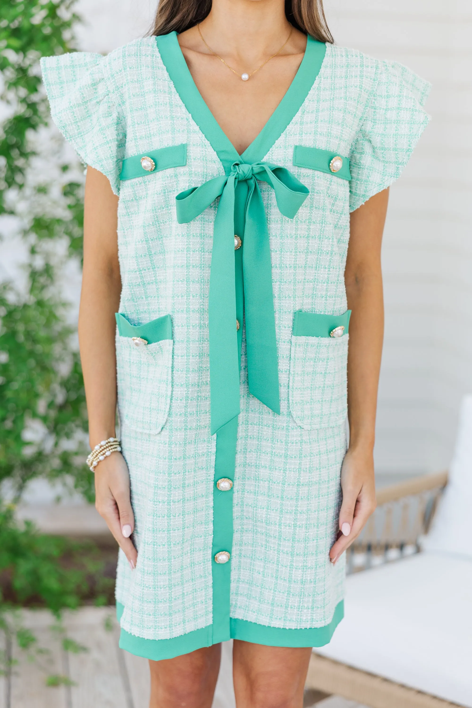 Queen's Calling Light Green Tweed Shift Dress