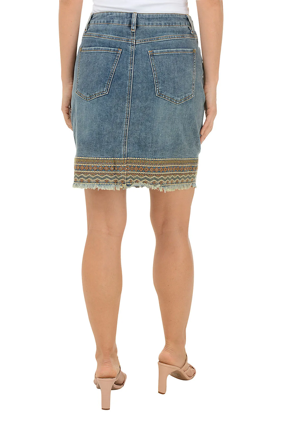 Rhinestone Embroidered Hem Denim Skort