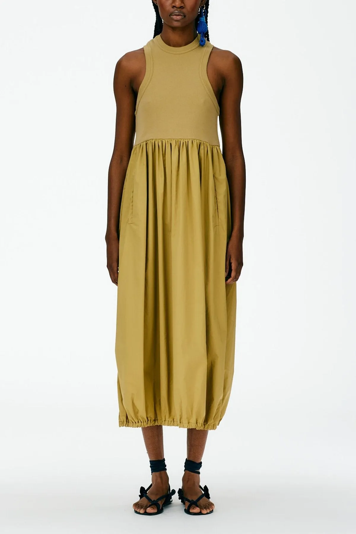 Ribbed Tank Balloon Dress in Khaki