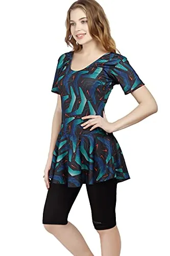 ROVARS RRovars Women Poly Jersy - Polka Dots Frock Style Swimming Costume Half Sleeves - Half Length - Without Pads (Green; S)