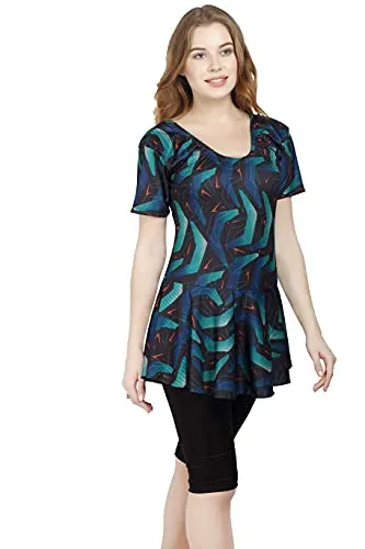 ROVARS RRovars Women Poly Jersy - Polka Dots Frock Style Swimming Costume Half Sleeves - Half Length - Without Pads (Green; S)