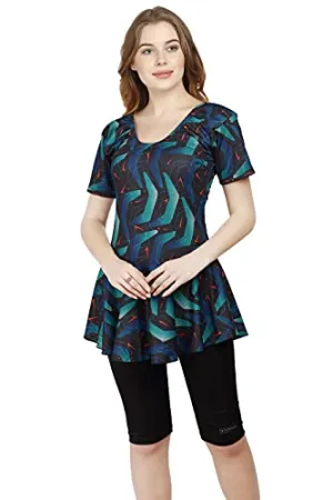 ROVARS RRovars Women Poly Jersy - Polka Dots Frock Style Swimming Costume Half Sleeves - Half Length - Without Pads (Green; S)