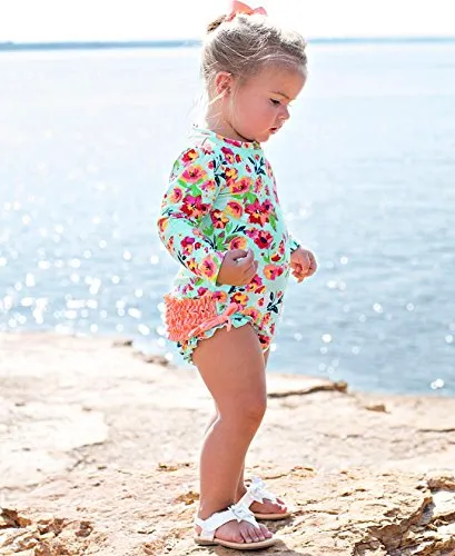 RuffleButts Little Girls Floral Long Sleeve Ruffled Rash Guard One-Piece Swimsuit - Painted Flowers - 2T