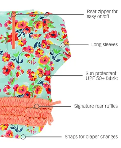 RuffleButts Little Girls Floral Long Sleeve Ruffled Rash Guard One-Piece Swimsuit - Painted Flowers - 2T