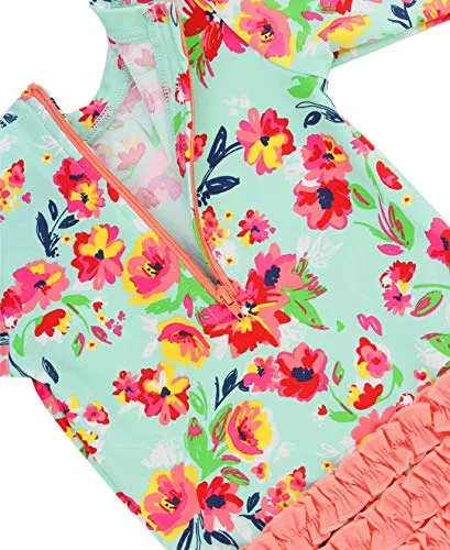 RuffleButts Little Girls Floral Long Sleeve Ruffled Rash Guard One-Piece Swimsuit - Painted Flowers - 2T