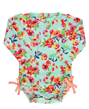 RuffleButts Little Girls Floral Long Sleeve Ruffled Rash Guard One-Piece Swimsuit - Painted Flowers - 2T