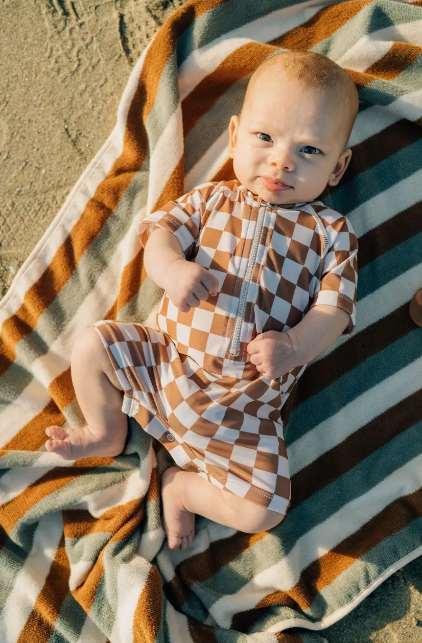 Rust Checkered Zipper Swim Suit