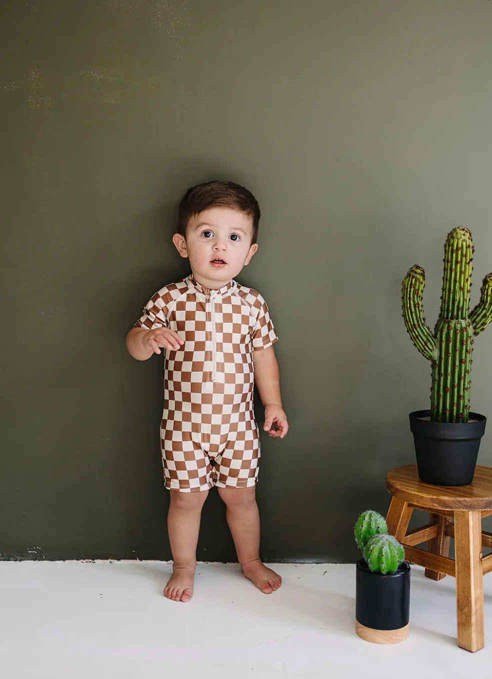 Rust Checkered Zipper Swim Suit