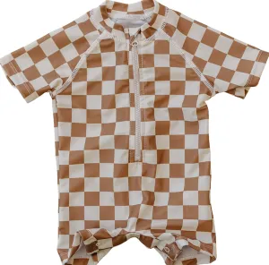 Rust Checkered Zipper Swim Suit