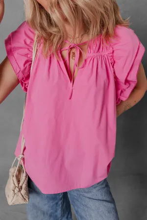 Sachet Pink Shirred Yoke Lace up V Neck Ruffled Sleeve Blouse