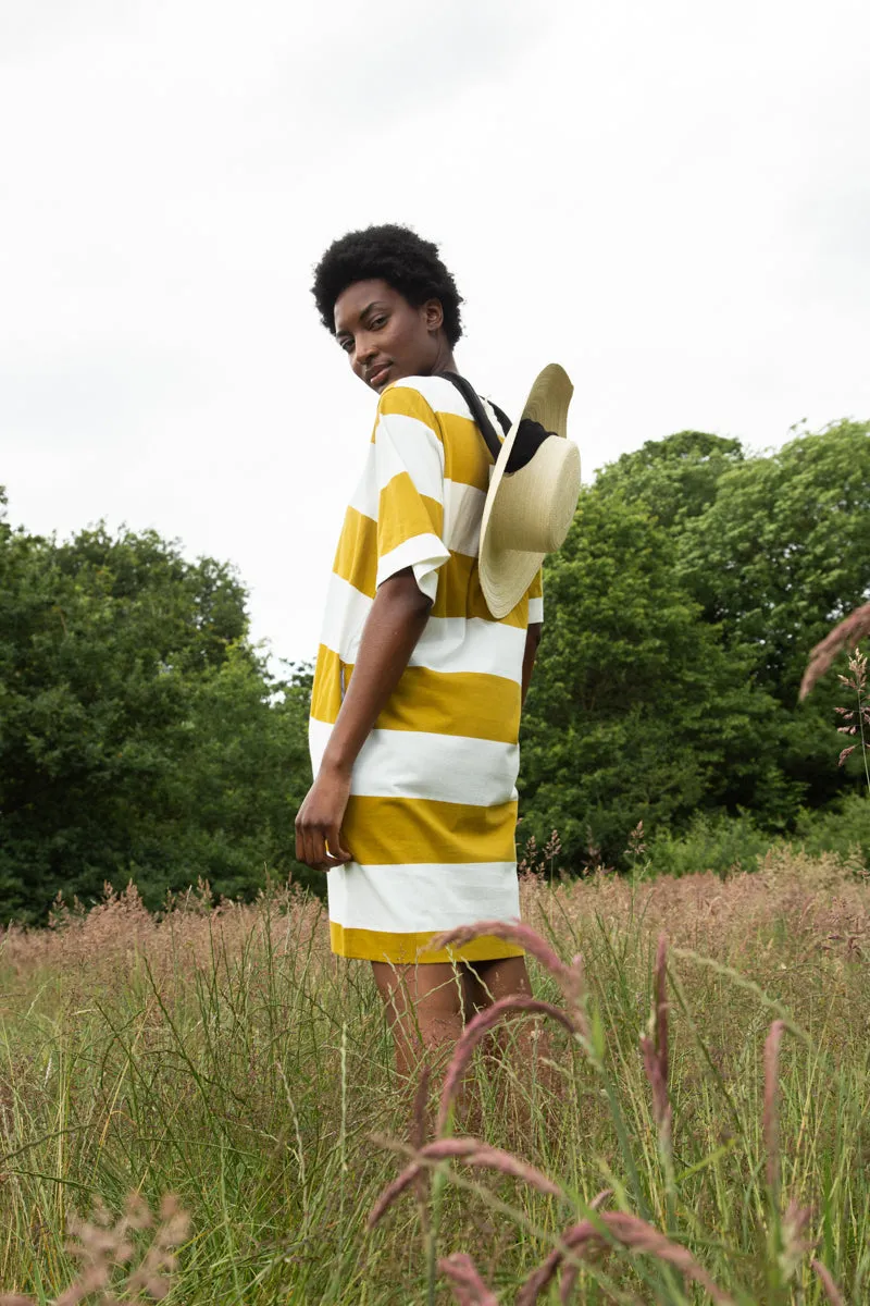 Sasha-Sue Organic Cotton Dress in Olive and White Bold Stripe