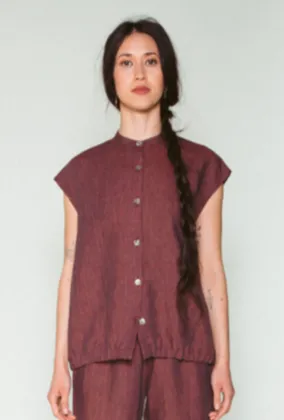 Shosh Linen Button Down Bubble Top, Dark Rose Red