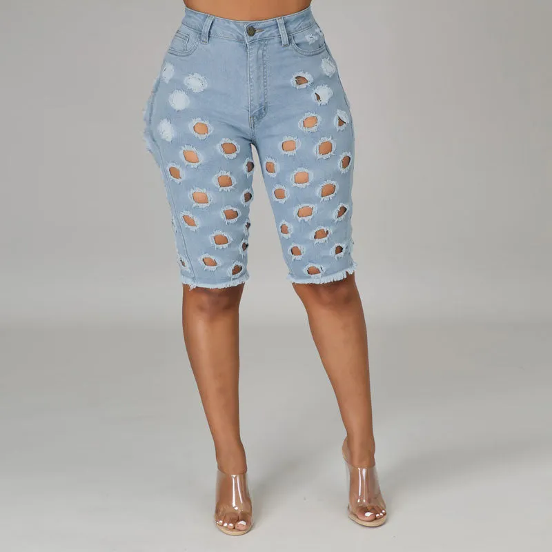 Solid Cut Out Pocket Design Denim Shorts