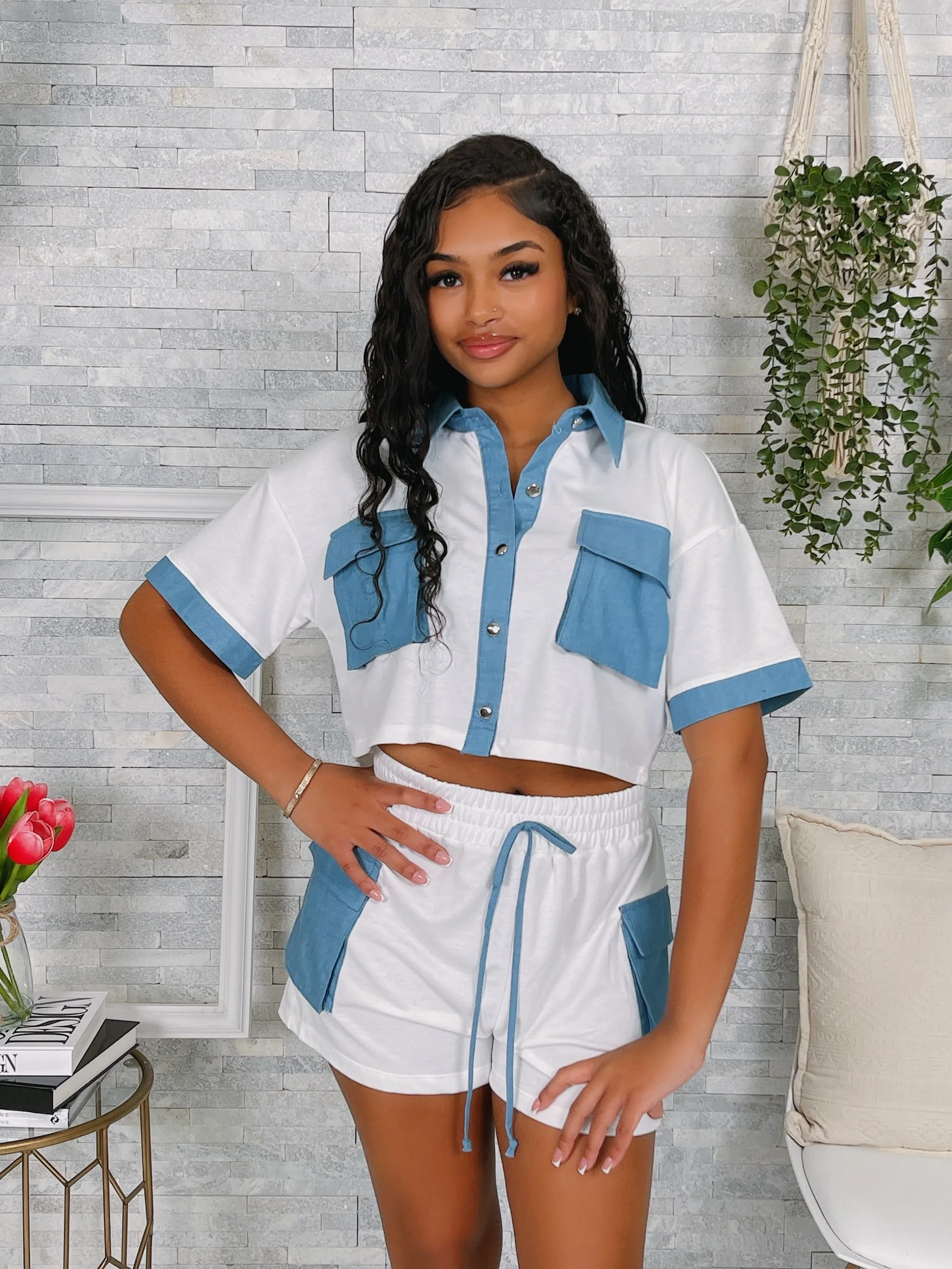ST4776P - FRENCH TERRY DENIM S/S TOP & SHORTS SET