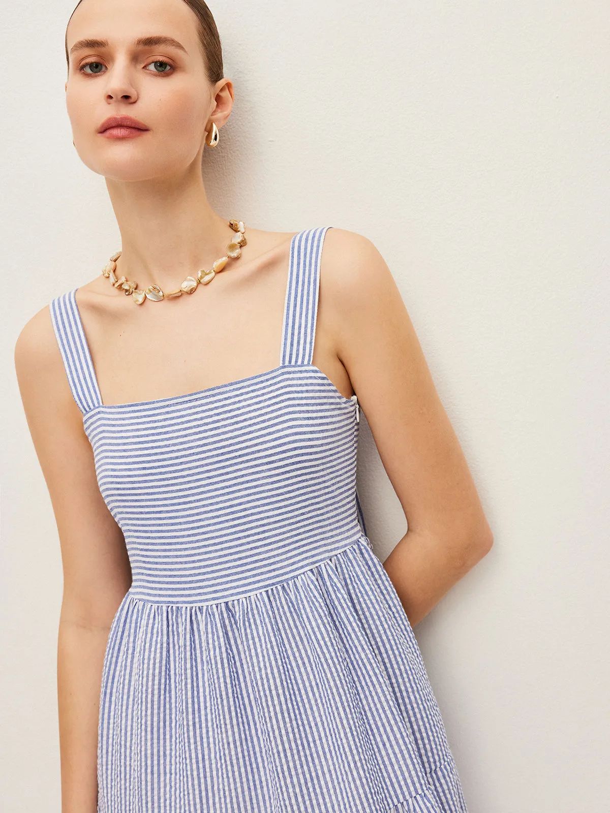 Striped Button-Detail Sleeveless Dress