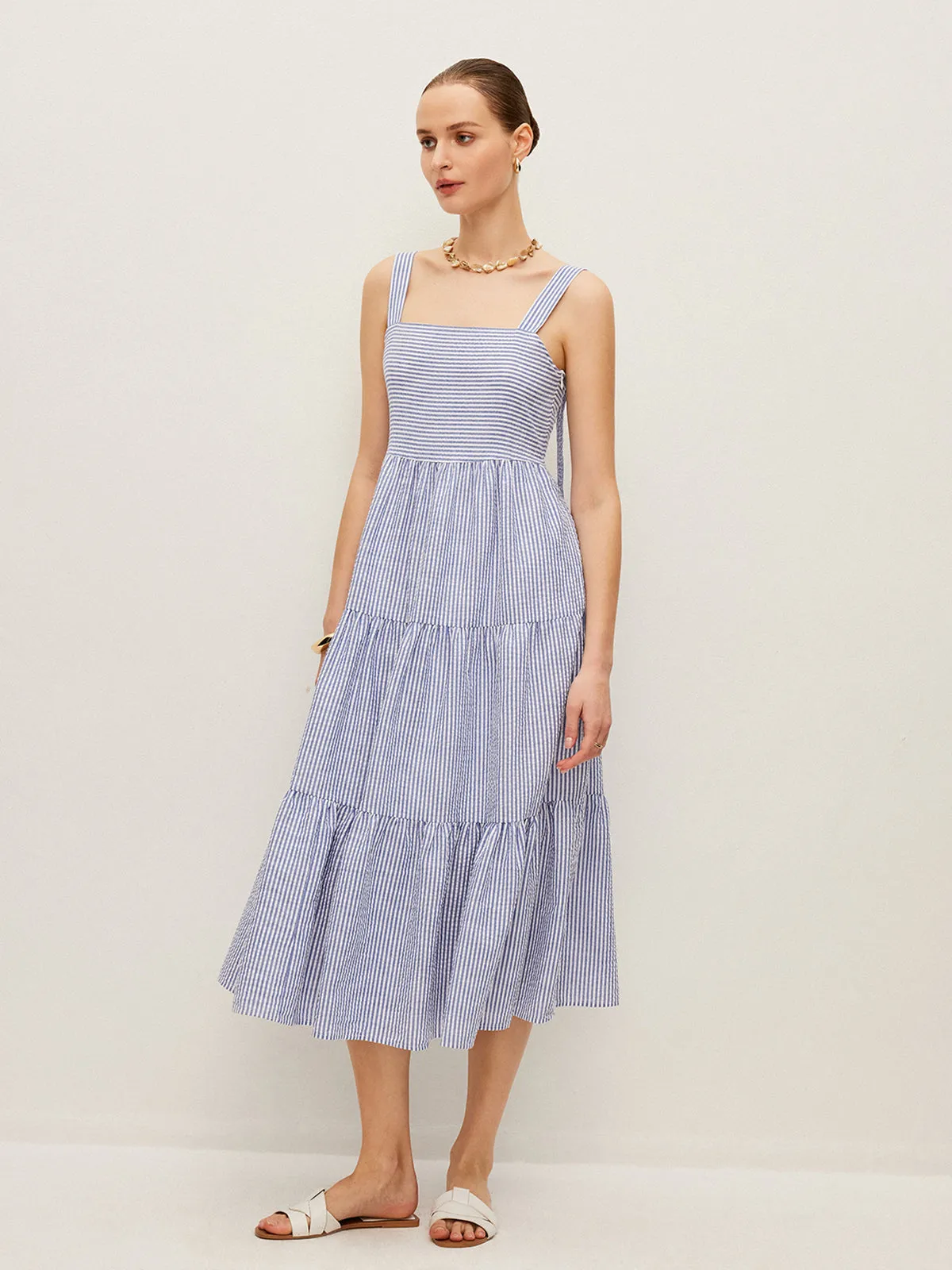 Striped Button-Detail Sleeveless Dress