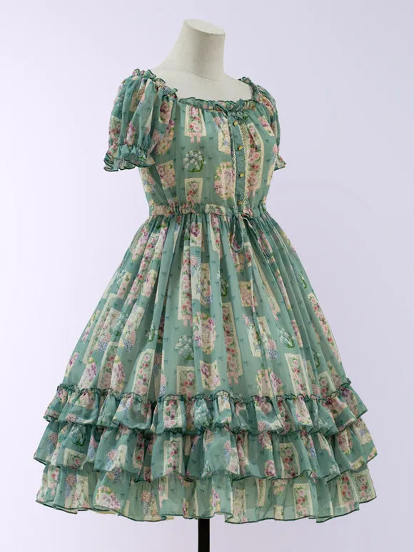Sweet Lolita Dress Tea Party Style Polyester Short Sleeves Dress Green Lolita Dress