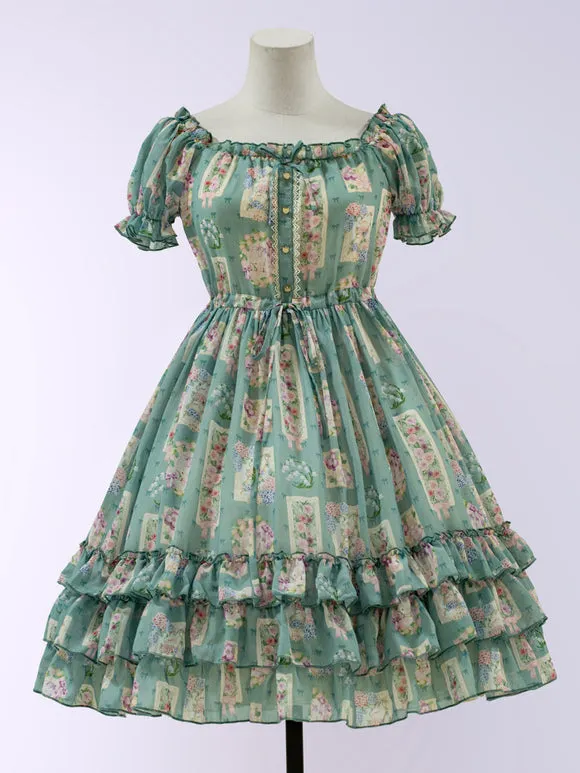 Sweet Lolita Dress Tea Party Style Polyester Short Sleeves Dress Green Lolita Dress