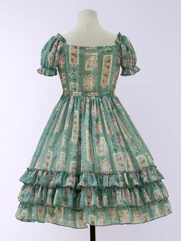 Sweet Lolita Dress Tea Party Style Polyester Short Sleeves Dress Green Lolita Dress