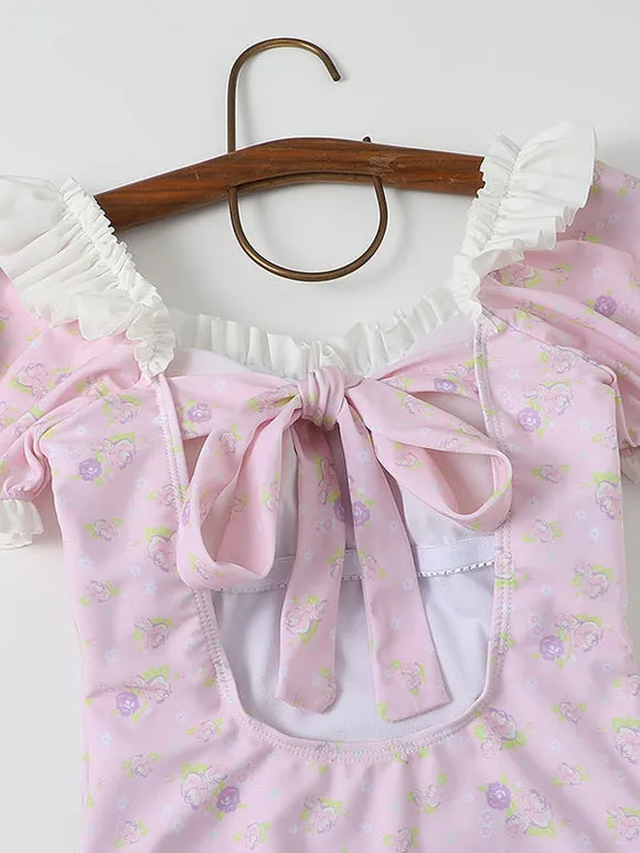 Sweet Lolita Swimsuits Pink Ruffles Floral Print Short Sleeves One Piece Hat