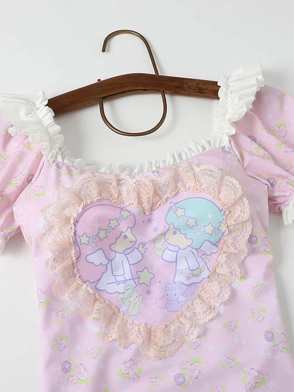Sweet Lolita Swimsuits Pink Ruffles Floral Print Short Sleeves One Piece Hat
