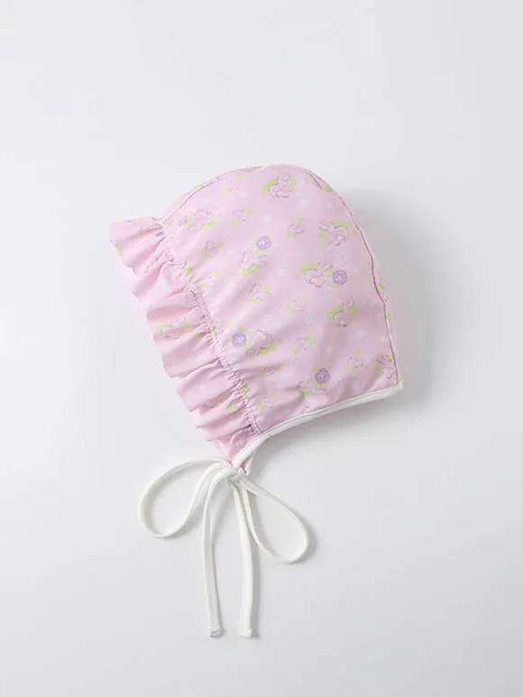 Sweet Lolita Swimsuits Pink Ruffles Floral Print Short Sleeves One Piece Hat