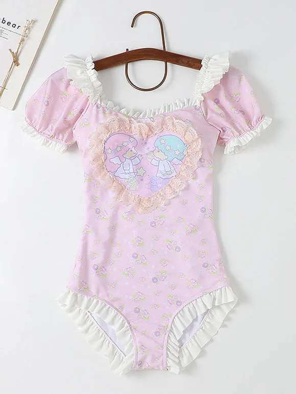 Sweet Lolita Swimsuits Pink Ruffles Floral Print Short Sleeves One Piece Hat