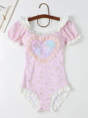 Sweet Lolita Swimsuits Pink Ruffles Floral Print Short Sleeves One Piece Hat