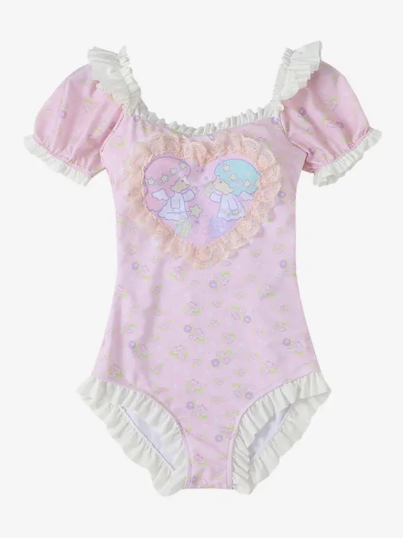 Sweet Lolita Swimsuits Pink Ruffles Floral Print Short Sleeves One Piece Hat