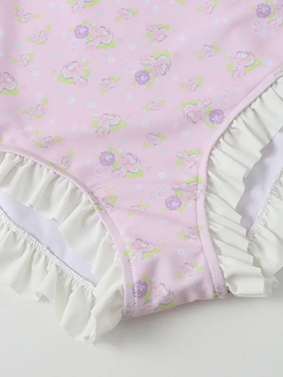 Sweet Lolita Swimsuits Pink Ruffles Floral Print Short Sleeves One Piece Hat