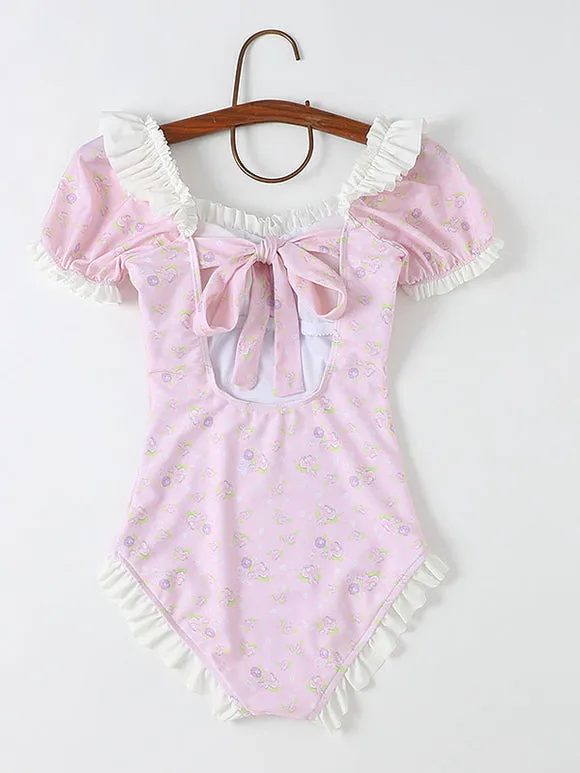 Sweet Lolita Swimsuits Pink Ruffles Floral Print Short Sleeves One Piece Hat