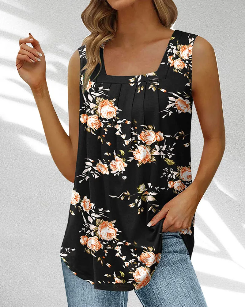 Tanktop mit eckigem Ausschnitt und Feder- und Blumendruck