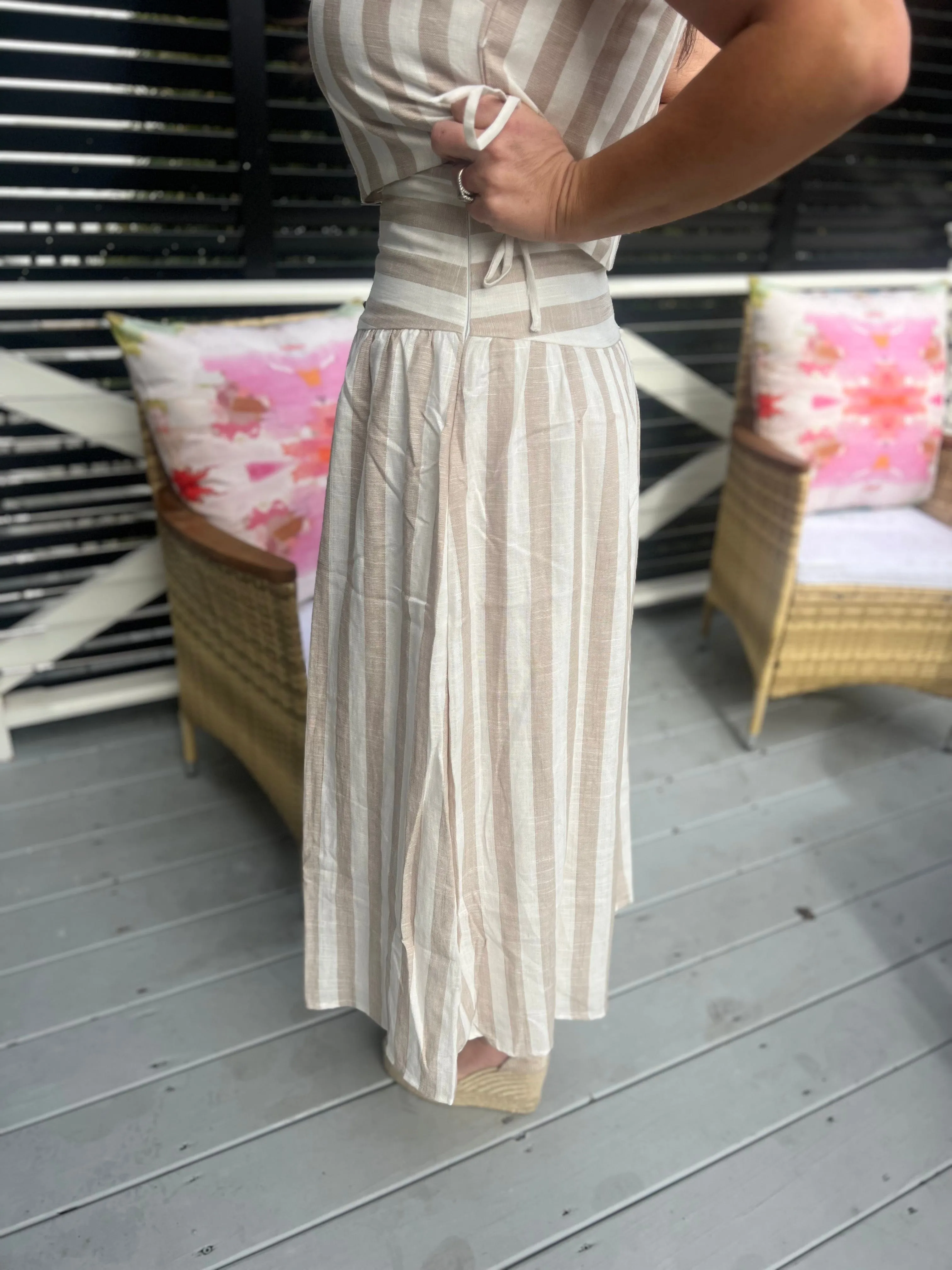 Taupe and white linen skirt set
