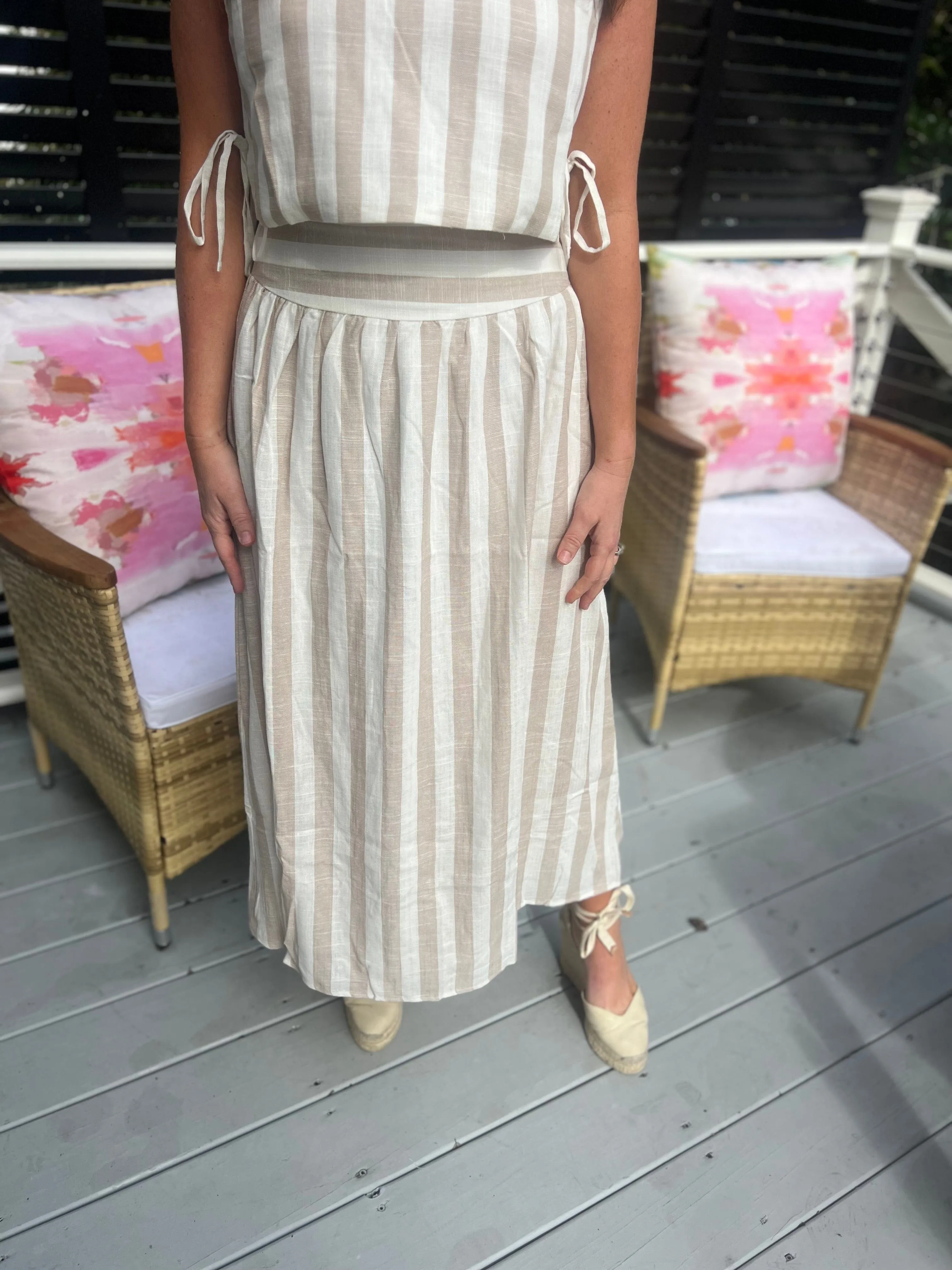 Taupe and white linen skirt set