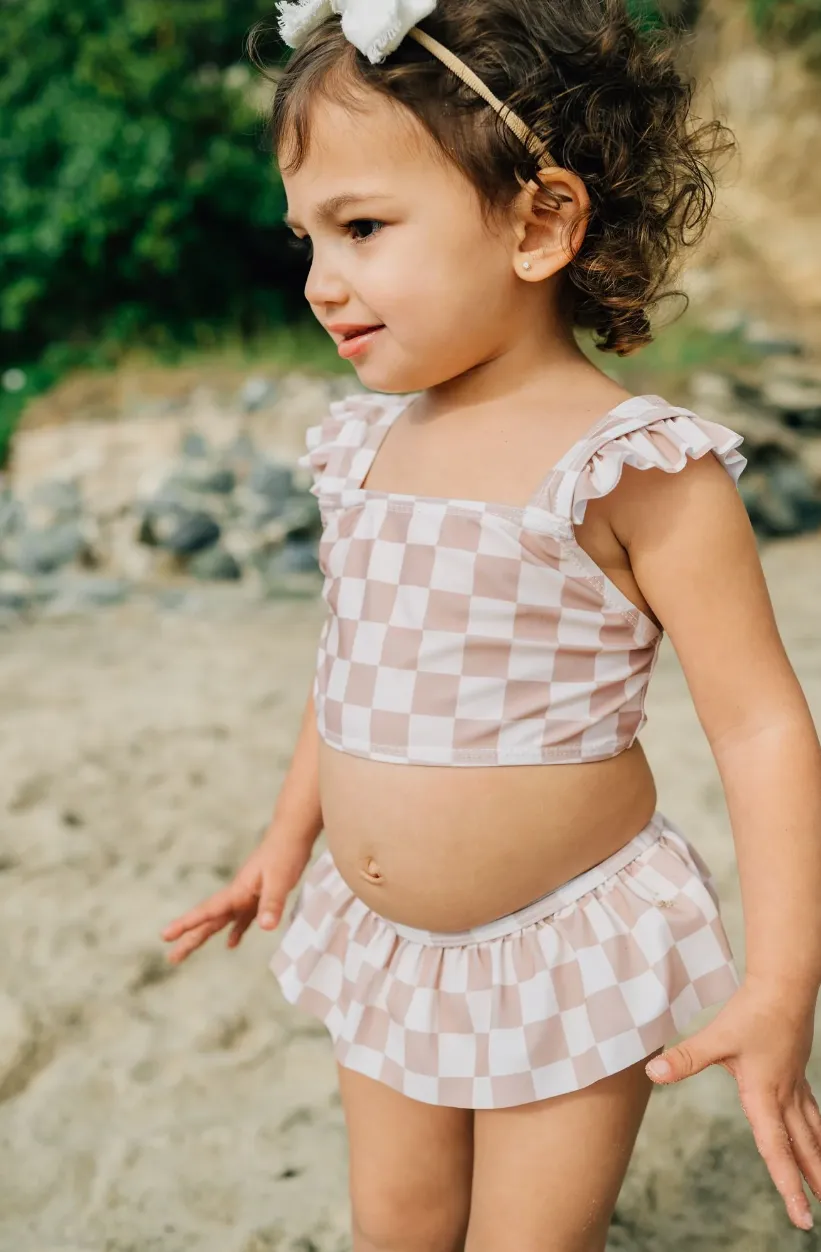 Taupe Checkered Ruffle Bikini Set
