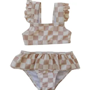 Taupe Checkered Ruffle Bikini Set