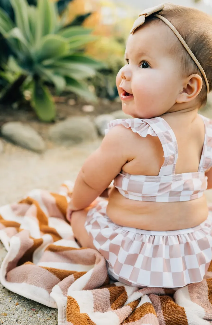 Taupe Checkered Ruffle Bikini Set