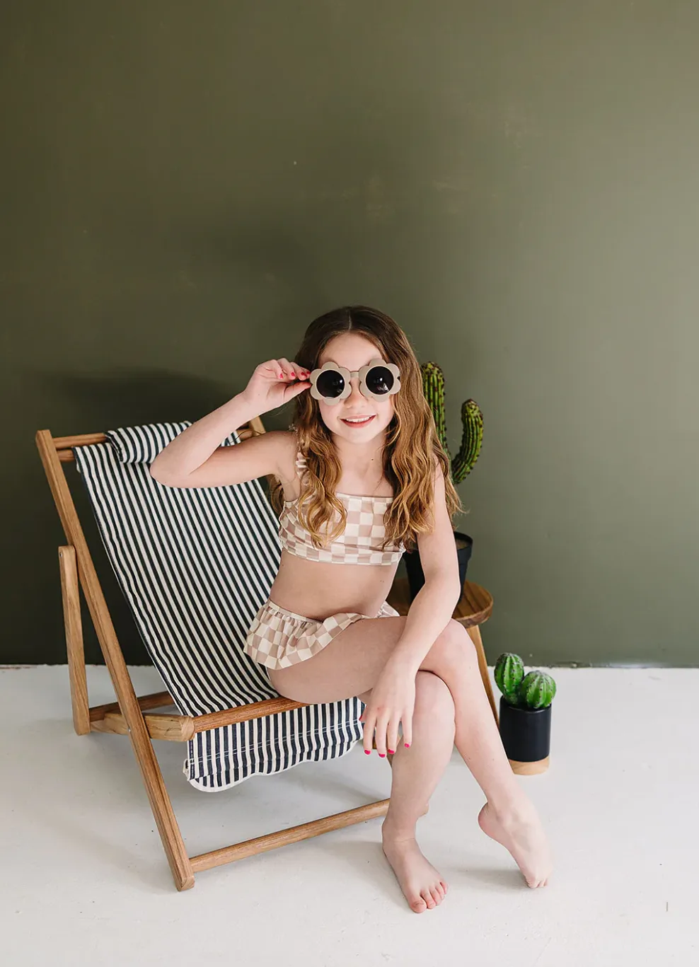 Taupe Checkered Ruffle Bikini Set