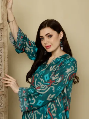 Teal Ikat Printed Muslin A-line Kurta