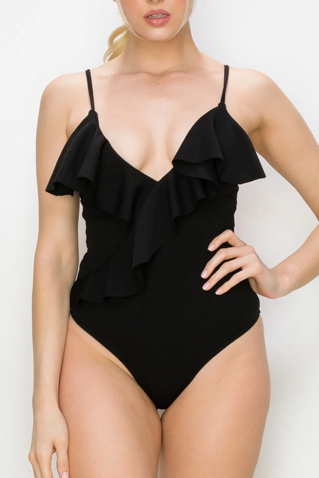 Textured Ruffle Trim One Piece Swimsuit