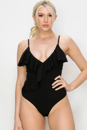 Textured Ruffle Trim One Piece Swimsuit