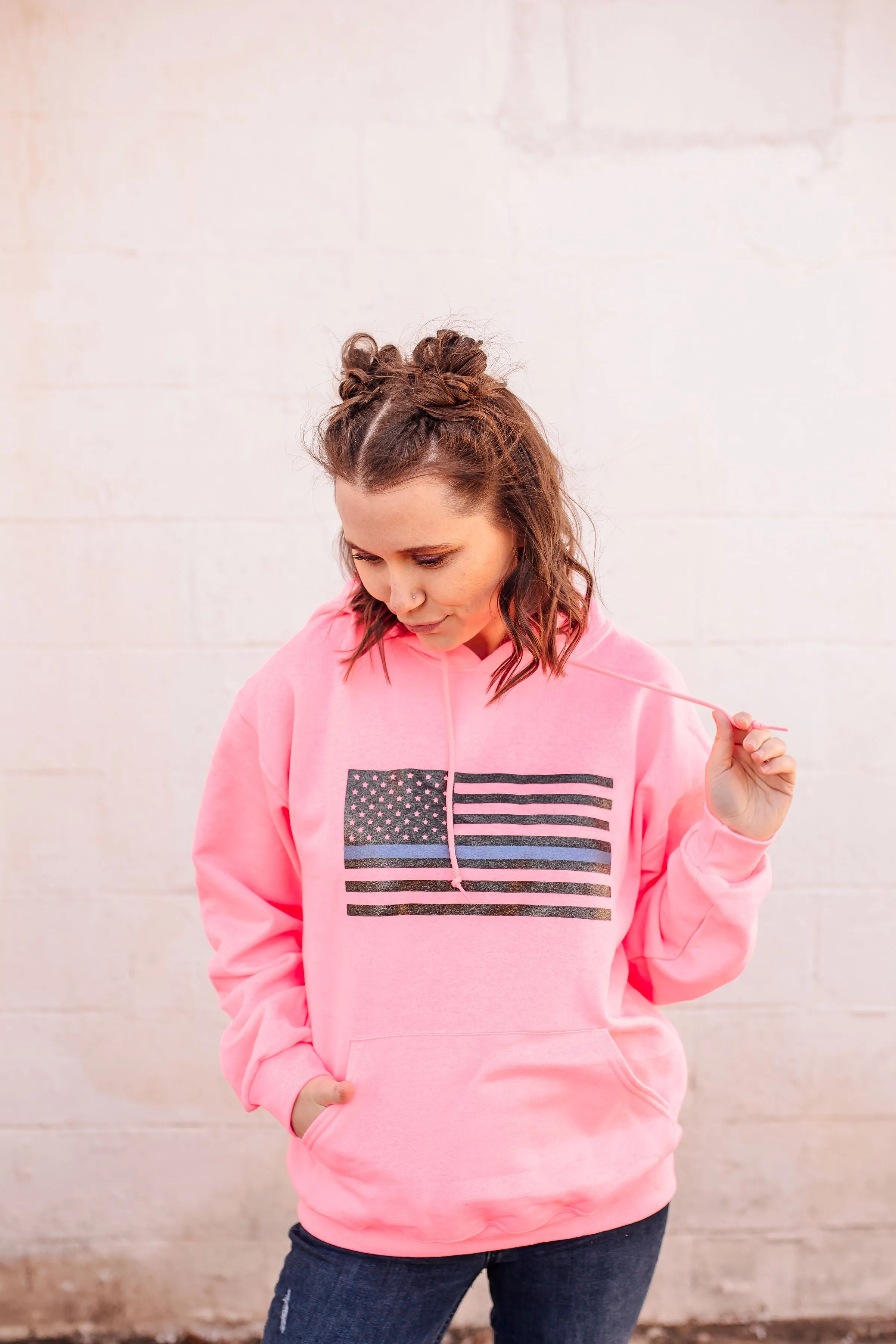 Thin Blue Line Glitter Flag © Unisex Hoodie (Neon Pink)