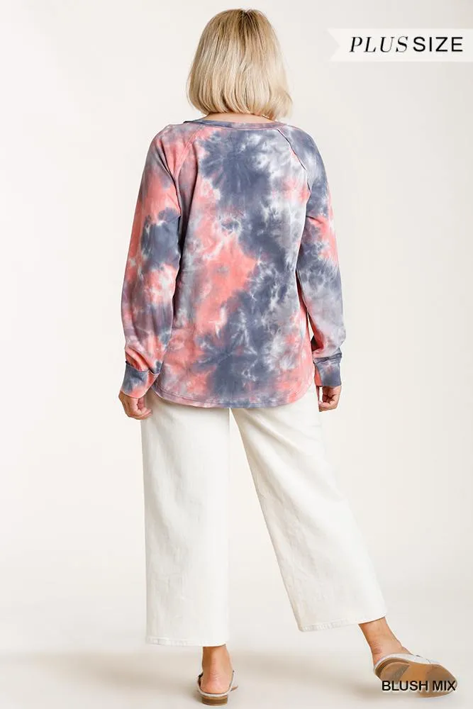 Tie-dye Button Front Long Raglan Sleeve Top With Raw Hem